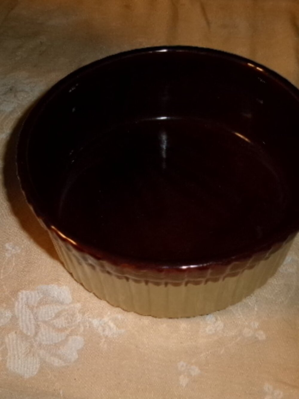 vtg ribbed brown drip glazed pottery souffle dish 7 in 3 deep
